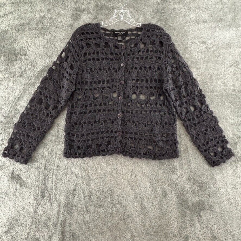 Sadimara Colette Mordo Crochet‎ Cardigan Sweater S Gray Mohair Blend Button